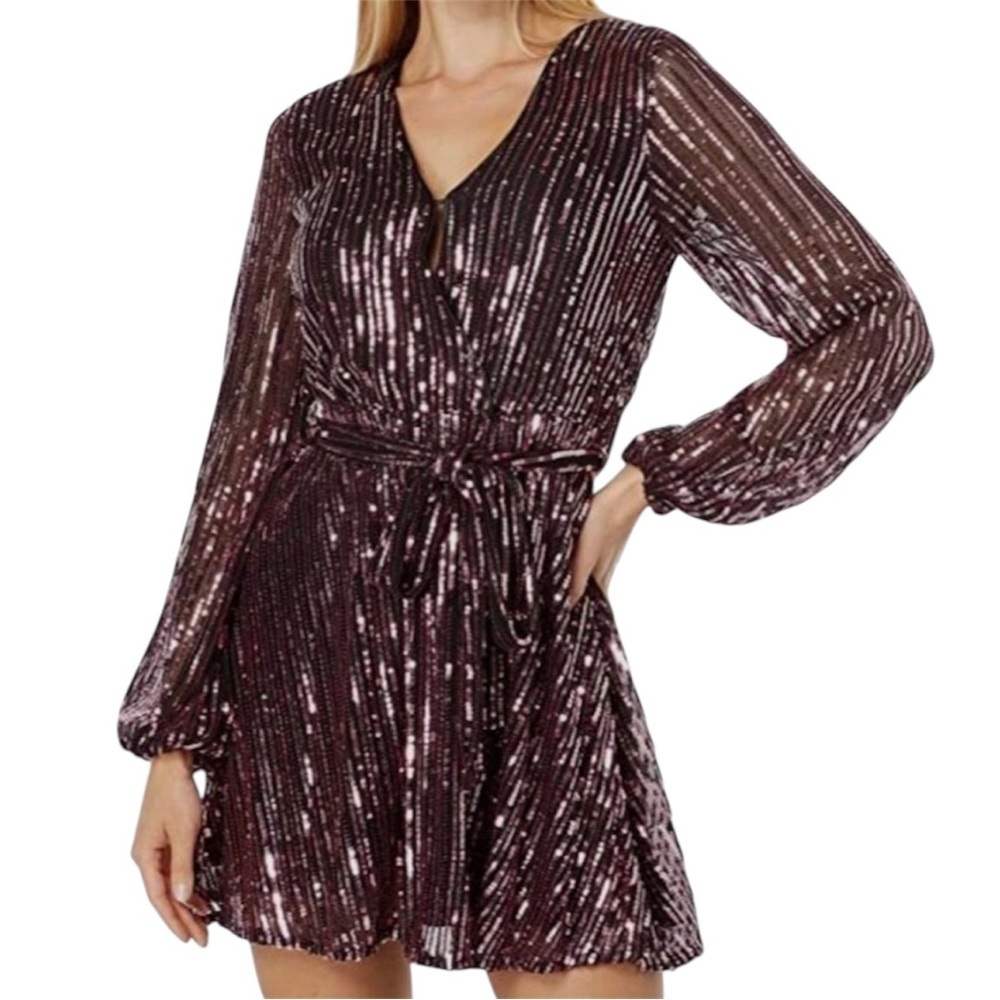 NWT Bardot Long Sleeve Multi Pink Sequin Belted Party Dress Size S